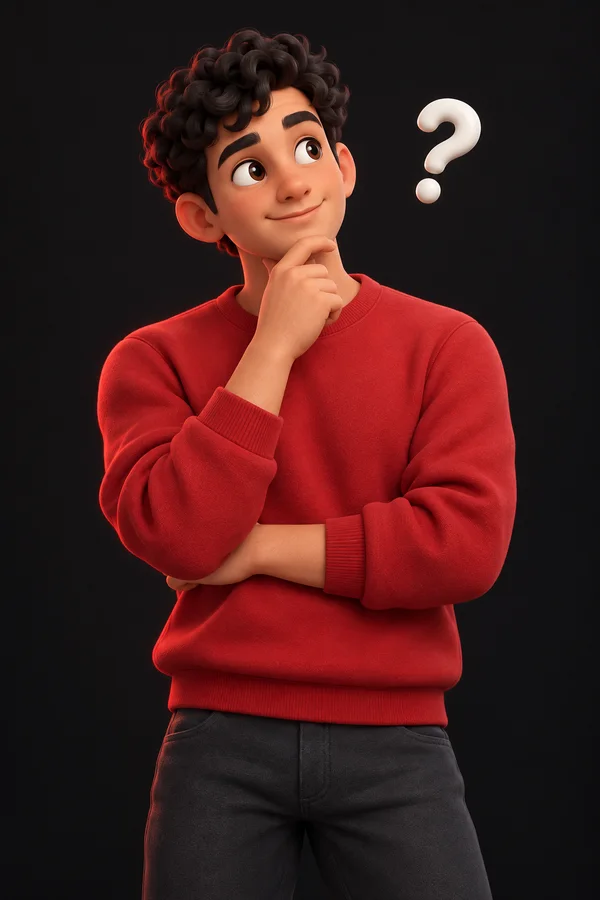 Thoughtful learner character looking toward the frequently asked questions