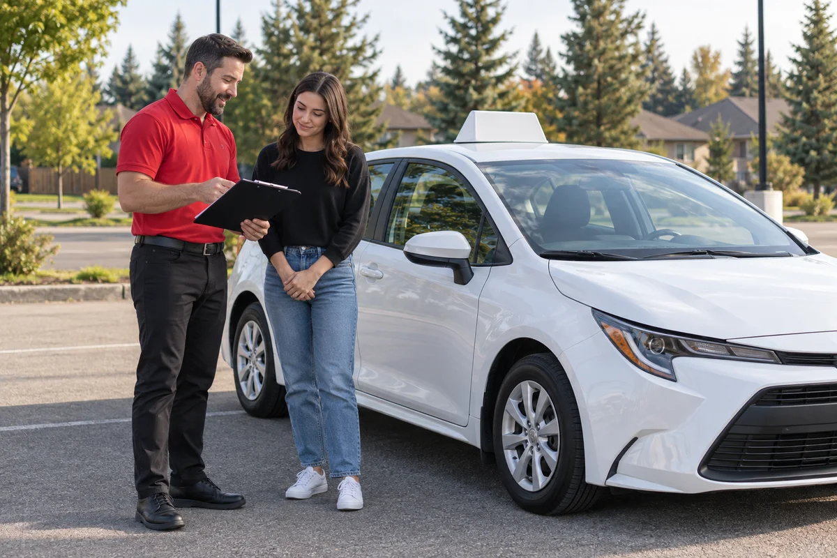 Driving instructor explaining a lesson to a learner beside a white training car