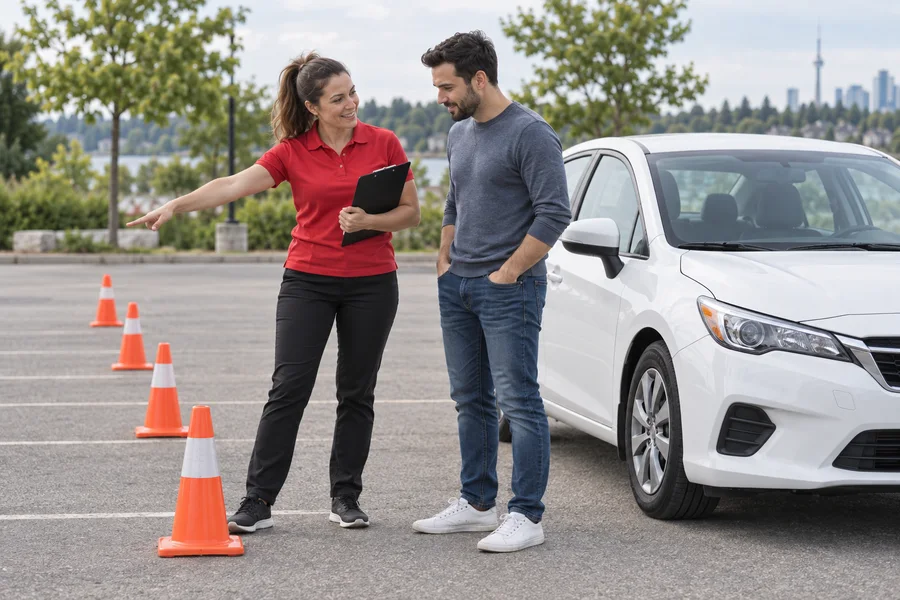 Instructor explaining a parking exercise to a learner beside their training vehicle