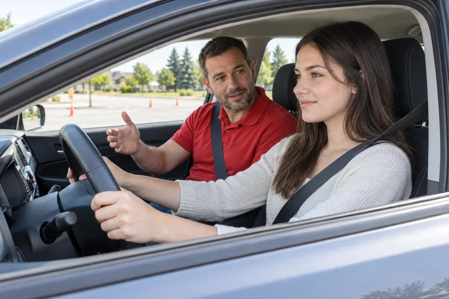 Instructor coaching a learner at the steering wheel inside a training car